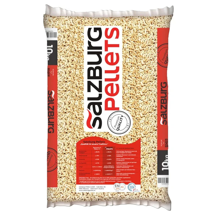 Pellet SALZBURG da 10 KG – Originale 100% Abete Austriaco, certificato ENplus A1 e DINplus – Altissimo potere calorifico (77 sacchi da 10 kg)